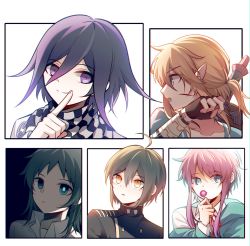 Rule 34 | 5boys, ahoge, amemura ramuda, black jacket, black scarf, blonde hair, brown gloves, buttons, character request, checkered clothes, checkered scarf, collarbone, collared shirt, copyright request, danganronpa (series), danganronpa v3: killing harmony, double-breasted, fingerless gloves, gloves, green hair, green jacket, hair between eyes, highres, hypnosis mic, index finger raised, injury, jacket, link, multiple boys, nintendo, off shoulder, open mouth, oma kokichi, outside border, pink hair, pointy ears, ponytail, portrait, qiao xing, saihara shuichi, scarf, shirt, short hair, sidelocks, sword, the legend of zelda, the legend of zelda: breath of the wild, weapon, white scarf, white shirt