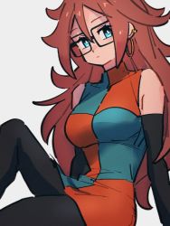 Rule 34 | 1girl, android 21, blue eyes, breasts, checkered clothes, checkered dress, closed mouth, dragon ball, dragon ball fighterz, dress, earrings, glasses, grey background, hoop earrings, jewelry, kemachiku, large breasts, long hair, looking at viewer, red hair, simple background, solo