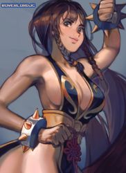 Rule 34 | 1girl, alternate costume, alternate hairstyle, artist name, artist request, bare legs, black dress, bracelet, braid, breasts, brown hair, capcom, character request, china dress, chinese clothes, chun-li, cleavage, curvy, dress, female focus, figure, jewelry, large breasts, looking at viewer, smile, solo, spiked bracelet, spikes, street fighter, street fighter v