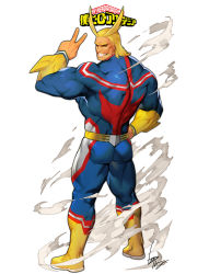 Rule 34 | 1boy, all might, artist name, ass, bara, belt, biceps, blonde hair, bodysuit, boku no hero academia, broad shoulders, gomtang, hand on own hip, logo, long hair, looking back, male focus, manly, mature male, muscular, muscular male, signature, simple background, smile, solo, teeth, thick arms, thick eyebrows, thick thighs, thighs, tight clothes, v, white background, wind