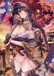 Rule 34 | 1girl, black gloves, blush, braid, breasts, chiachun0621, cleavage, commentary request, crescent moon, floral print, genshin impact, gloves, hair ornament, highres, holding, japanese clothes, kimono, large breasts, leaf, long hair, low-braided long hair, low-tied long hair, maple leaf, mole, mole under eye, moon, outdoors, parted lips, purple eyes, purple hair, purple kimono, purple thighhighs, raiden shogun, solo, thighhighs, thighs
