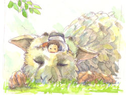 Rule 34 | 1boy, creature, feathers, griffin, short hair, sleeping, taoi, the boy (the last guardian), the last guardian, traditional media, trico (character), watercolor pencil (medium)