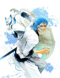 Rule 34 | 1boy, arrancar, bleach, blue eyes, blue hair, blue theme, dual persona, ecthelian, furrowed brow, grimmjow jaegerjaquez, grin, hair slicked back, male focus, panther, pants, resurreccion, sheath, simple background, smile, watermark, web address, white background