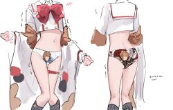 Rule 34 | 1girl, black socks, blush, bow, bowtie, brooch, collared shirt, commentary, crop top, english text, feet out of frame, flying sweatdrops, gran (granblue fantasy), granblue fantasy, groin, head out of frame, heart, heart brooch, highres, jewelry, kneehighs, long sleeves, lyrinne, navel, panties, parody, red bow, red bowtie, shirt, socks, solo, symbol-only commentary, thigh strap, trembling, underwear, vikala (granblue fantasy), white shirt, yanfei
