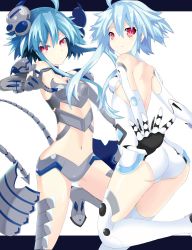 Rule 34 | 2girls, absurdres, ahoge, ass, back, bare shoulders, blanc (neptunia), blue hair, blush, boots, breasts, claws, closed mouth, dark persona, elbow gloves, from side, gloves, hair between eyes, halterneck, high heel boots, high heels, highres, leg lift, leg up, leotard, long hair, looking at viewer, multicolored hair, multiple girls, navel, neptune (series), outstretched arms, power symbol, ramu-on@ shinon, red eyes, short hair with long locks, sideboob, sidelocks, small breasts, smile, symbol-shaped pupils, tail, tattoo, thigh boots, thighhighs, turtleneck, white footwear, white gloves, white hair, white heart (neptunia), white heart (chaos form), white legwear