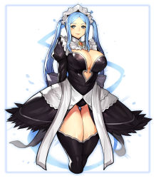 Rule 34 | 1girl, alternate breast size, apron, arms behind back, black leotard, black skirt, black thighhighs, blue hair, blush, breasts, brooch, center opening, cleavage, collar, commentary, commission, covered erect nipples, cropped legs, english commentary, fire emblem, fire emblem fates, flora (fire emblem), forehead, frilled collar, frills, gluteal fold, grey eyes, gurimjang, highres, huge breasts, jewelry, juliet sleeves, leotard, long hair, long sleeves, maid, maid apron, maid headdress, nintendo, no bra, parted bangs, pixiv commission, puffy sleeves, revealing clothes, showgirl skirt, sidelocks, simple background, skirt, solo, standing, thick thighs, thigh gap, thighhighs, thighs, twintails
