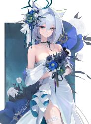 Rule 34 | 1girl, animal ears, bead necklace, beads, black flower, blue archive, blue eyes, blue flower, bouquet, breasts, cleavage, closed mouth, cowboy shot, dark halo, dress, flower, grey hair, hair between eyes, halo, highres, holding, holding bouquet, jewelry, lizchief, long hair, looking at viewer, medium breasts, mismatched pupils, necklace, off-shoulder dress, off shoulder, shiroko (blue archive), shiroko terror (blue archive), signature, solo, white dress, wolf ears
