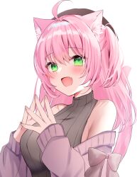 Rule 34 | 1girl, :d, ahoge, animal ear fluff, animal ears, bare shoulders, beret, blush, bow, breasts, brown headwear, brown sweater, cat ears, cat girl, cat tail, commentary request, detached sleeves, fang, green eyes, hair between eyes, hamico, hat, highres, large breasts, light blush, long hair, looking at viewer, mixed-language commentary, open mouth, original, own hands together, pink bow, pink hair, pink sleeves, ribbed sweater, simple background, sleeveless, sleeveless sweater, sleeves past wrists, smile, sweater, tail, upper body, white background