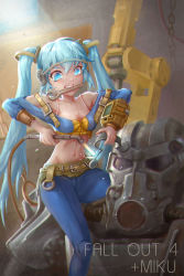 Rule 34 | 1girl, armor, ba xiao, blue eyes, blue hair, fallout (series), fallout 4, hatsune miku, highres, mouth hold, power armor, tagme, twintails, vocaloid