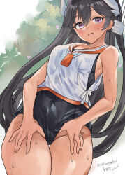 Rule 34 | adjusting clothes, adjusting swimsuit, black hair, blue one-piece swimsuit, breasts, cowboy shot, headgear, highres, i-400 (kancolle), kantai collection, long hair, looking at viewer, mizuta kenji, one-piece swimsuit, one-piece tan, open mouth, orange sailor collar, purple eyes, sailor collar, sailor shirt, school swimsuit, shirt, side-tie shirt, signature, sleeveless, sleeveless shirt, small breasts, swimsuit, swimsuit under clothes, tan, tanline, twitter username
