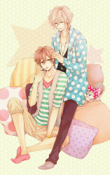 Rule 34 | 10s, 2boys, asahina fuuto, asahina louis, bad id, bad pixiv id, bishounen, blonde hair, brothers, brothers conflict, brown eyes, brown hair, flower, full body, hair flower, hair ornament, hair over one eye, hood, hoodie, jewelry, juli (brothers conflict), long hair, male focus, multiple boys, necklace, pillow, shirt, short hair, siblings, smile, squirrel, striped clothes, striped shirt