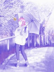 Rule 34 | 1girl, absurdres, backpack, bag, bug, butterfly, cat, chainsaw man, full body, highres, horns, insect, leggings, light, marvin (omarvin), meowy (chainsaw man), petals, pink hair, power (chainsaw man), profile, purple eyes, rain, shoes, sneakers, solo, tree, umbrella, walkway