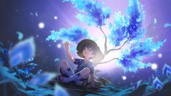 Rule 34 | 1boy, blue eyes, blue hair, blurry, blurry foreground, character request, child, commentary request, full body, genshin impact, hat, highres, indian style, japanese clothes, light particles, open mouth, rafaelaaa, short hair, simple background, sitting, slippers, smile, solo, straw hat, tree