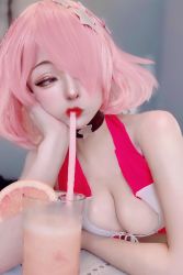 Rule 34 | 1girl, absurdres, bare arms, bare shoulders, bikini, breasts, choker, cleavage, cosplay, cup, dr. stone, drink, drinking glass, drinking straw, hair over one eye, highres, japanese (nationality), lips, lipstick, makeup, medium breasts, photo (medium), pink hair, red eyes, red lips, short hair, sleeveless, swimsuit, wright luna