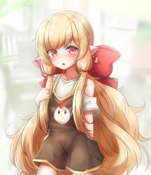 Rule 34 | 1girl, :o, animal ears, blonde hair, blush, bow, brown overalls, cowboy shot, earrings, granblue fantasy, hair bow, hand up, highres, jewelry, klaius, long hair, looking at viewer, mahira (granblue fantasy), overalls, parted lips, red bow, red eyes, solo, standing, strap slip, very long hair