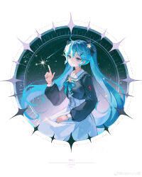 Rule 34 | 1girl, absurdres, alternate costume, aqua bow, aqua bowtie, black background, black shirt, blue nails, border, bow, bowtie, breasts, character name, chinese commentary, circle, closed mouth, commentary request, diamond (shape), dotted line, english text, gradient background, hair ornament, hairclip, hand on own leg, hatsune miku, highres, index finger raised, invisible chair, lace-trimmed sailor collar, long sleeves, mie haha, puffy long sleeves, puffy sleeves, purple background, sailor collar, shirt, shooting star, sitting, skirt, small breasts, smile, solo, sparkle, star (sky), star (symbol), two-tone background, vocaloid, weibo logo, weibo watermark, white border, white sailor collar, white skirt, x hair ornament