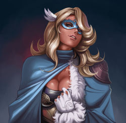 Rule 34 | 1girl, blonde hair, blue eyes, breasts, cape, cleavage, dantewontdie, feather hair ornament, feathers, gloves, feather hair ornament, highres, long hair, looking at viewer, mask, original, solo, white gloves