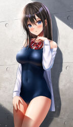 Rule 34 | 1girl, absurdres, black hair, blue eyes, blush, bow, bowtie, breasts, covered navel, hand on own thigh, highres, long hair, long sleeves, looking at viewer, medium breasts, one-piece swimsuit, original, school swimsuit, school uniform, shirt, solo, standing, swimsuit, swimsuit under clothes, yukemuriganmo