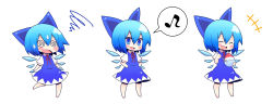 Rule 34 | 1girl, @ @, blue eyes, blue hair, cirno, eating, food, hair ribbon, hands on own hips, looking at viewer, matching hair/eyes, musical note, quaver, ribbon, shaved ice, short hair, simple background, solo, speech bubble, spoken musical note, squiggle, sweatdrop, taiga mahoukan, touhou, white background, wings