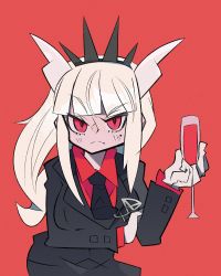 Rule 34 | 1girl, alcohol, arm under breasts, black tail, blouse, breasts, crown, cup, cxdotchison, demon girl, demon horns, drink, drinking glass, glass, helltaker, highres, horns, jacket, lucifer (helltaker), necktie, red background, red eyes, red shirt, red wine, shirt, solo, tail, thighs, upper body, white hair, white horns, wine, wine glass