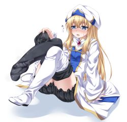 Rule 34 | 10s, 1girl, black thighhighs, blonde hair, bloomers, blue eyes, blush, boots, breasts, dress, feet, frills, goblin slayer!, half-closed eyes, hat, highres, holding, holding shoes, kyuutou (kyuutouryuu), long hair, long sleeves, open mouth, priestess (goblin slayer!), removing legwear, shoes, simple background, single shoe, small breasts, soles, steam, sweatdrop, text focus, thigh boots, thighhighs, toes, translation request, underwear, unworn boots, white background, wide sleeves