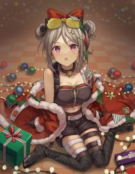 Rule 34 | 1girl, bare shoulders, boots, bow, box, breasts, checkered floor, christmas, christmas lights, christmas ornaments, commentary, double bun, eyewear on head, full body, fur trim, gift, gift box, girls&#039; frontline, hair bow, hair bun, hair ornament, highres, kiou, large breasts, looking at viewer, off shoulder, official alternate costume, open mouth, p90 (girls&#039; frontline), p90 (scarlet turbo) (girls&#039; frontline), purple eyes, shorts, sitting, solo, star (symbol), star hair ornament, sunglasses, thigh boots, thighhighs, wariza