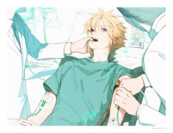 Rule 34 | bed, blonde hair, blue eyes, border, cloud strife, coat, final fantasy, final fantasy vii, green shirt, hair between eyes, hospital bed, hospital gown, human okara2, intravenous drip, lab coat, long sleeves, looking at viewer, male focus, multiple boys, necktie, on bed, shirt, short hair, short sleeves, solo focus, spiked hair, thumb to mouth, upper body, white coat