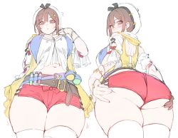 Rule 34 | 1girl, ass, ass grab, atelier (series), atelier ryza, belt, breasts, brown hair, cleavage, curvy, grabbing own ass, hat, highres, hood, hoodie, huge ass, large breasts, navel, reisalin stout, short hair, short shorts, shorts, solo, stomach, thick thighs, thighhighs, thighs, white background, wide hips, xiangzi box