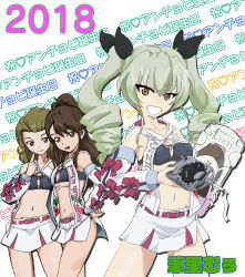 Rule 34 | 10s, 2girls, amaretto (girls und panzer), anchovy (girls und panzer), blonde hair, blush, breasts, brown eyes, brown hair, drill hair, covered erect nipples, fudesato muu, girls und panzer, green hair, groin, hair ornament, hair ribbon, looking at viewer, medium breasts, midriff, multiple girls, navel, panettone (girls und panzer), race queen, ribbon, skirt, smile, twintails