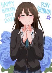 Rule 34 | 1girl, 2020, aojiroi fokkusu, blush, brown hair, cardigan, character name, commentary request, earrings, floral background, gift, green eyes, happy birthday, highres, idolmaster, idolmaster cinderella girls, jewelry, long hair, necklace, necktie, own hands together, school uniform, shibuya rin, simple background, skirt, smile, white background