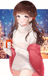 Rule 34 | 1girl, :d, absurdres, aran sweater, blurry, blurry background, blush, bow, box, braid, breasts, brown hair, cable knit, check copyright, commentary request, copyright request, cowboy shot, dress, gift, gift box, hair bow, hair ornament, hair ribbon, hairclip, highres, holding, holding gift, lebring, long hair, long sleeves, looking at viewer, medium breasts, open mouth, original, outdoors, red ribbon, ribbed sweater, ribbon, sleeves past wrists, smile, snow, snowing, solo, standing, sweater, sweater dress, white sweater