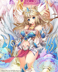 Rule 34 | 1girl, blonde hair, blue eyes, breasts, cleavage, large breasts, long hair, looking at viewer, magic circle, navel, octagram, open mouth, original, solo, suoni (deeperocean), thighs, wings