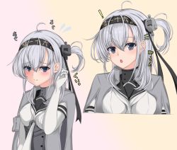 Rule 34 | 1girl, bad id, bad pixiv id, black eyes, blush, breasts, elbow gloves, floating hair, gloves, grey jacket, hand in own hair, headband, jacket, kantai collection, long hair, looking at viewer, medium breasts, multiple views, open clothes, open jacket, pink background, side ponytail, silver hair, simple background, sketch, skirt, suzutsuki (kancolle), very long hair, white gloves, z5987