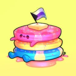 :d animal_focus butter colorful commentary creature demisexual_flag english_commentary flag food food-themed_creature food_focus highres lgbt_pride no_humans open_mouth original pancake pancake_stack pansexual_flag plushunagi simple_background sitting smile solid_oval_eyes sprinkles syrup yellow_background