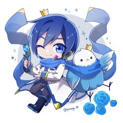 Rule 34 | 1boy, bird, blue eyes, blue flower, blue hair, blue nails, blue rose, blue scarf, chick, closed mouth, commentary request, crown, fingernails, flower, full body, headset, highres, holding, holding flower, kaito (vocaloid), kaito (vocaloid3), leaf, long sleeves, looking at viewer, male focus, one eye closed, parang 99, rose, scarf, short hair, smile, solo, star (symbol), twitter username, vocaloid, white background