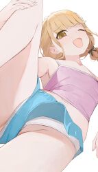 1girl ;d aqua_shorts armpits bare_legs black_ribbon blonde_hair blush braid camisole fang feet_out_of_frame fingernails fujita_kotone gakuen_idolmaster groin hair_ribbon highres hiroki_(yyqw7151) idolmaster leg_up looking_at_viewer navel one_eye_closed open_mouth panties pink_camisole ribbon short_shorts shorts skin_fang smile solo stomach sweatdrop underwear white_panties yellow_eyes