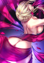 Rule 34 | 1girl, akeyama kitsune, arched back, artoria pendragon (fate), artoria pendragon (lancer alter) (fate), ass, back, blonde hair, braid, breasts, butt crack, commission, fate/grand order, fate (series), french braid, hair between eyes, large breasts, long hair, looking at viewer, mouth hold, nude, pixiv commission, red ribbon, ribbon, sidelocks, yellow eyes