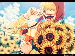 Rule 34 | 1boy, blonde hair, bouquet, commentary request, donquixote rocinante, english text, flower, happy birthday, holding, holding bouquet, hood, letterboxed, makeup, male focus, one piece, short hair, smile, solo, striped, sunflower, sweater, toyoura (23066494), upper body, yellow sweater