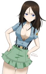 Rule 34 | 1girl, aoshidan school uniform, artist name, belt, black hair, blue eyes, breasts, cleavage, closed mouth, collarbone, dated, girls und panzer, green skirt, hands on own hips, highres, large breasts, long hair, looking at viewer, no bra, nonna (girls und panzer), open clothes, open shirt, ryuuji-san, school uniform, shiny skin, simple background, skirt, solo, standing, upper body, white background