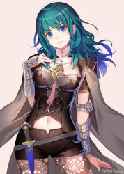 Rule 34 | 1girl, armor, artist name, black shorts, blue eyes, blue hair, brown pantyhose, byleth (female) (fire emblem), byleth (fire emblem), cape, cleavage cutout, closed mouth, clothing cutout, dagger, fire emblem, fire emblem: three houses, hair between eyes, knife, konfuzikokon, lace, lace-trimmed legwear, lace trim, navel, navel cutout, nintendo, pantyhose, pantyhose under shorts, print pantyhose, sheath, sheathed, short shorts, shorts, simple background, smile, solo, weapon