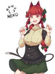 Rule 34 | 1girl, :d, adapted costume, animal ears, braid, breasts, cat ears, cat tail, fang, highres, kaenbyou rin, large breasts, multiple tails, nekomata, open mouth, paw pose, red eyes, red hair, ribbed sweater, skin fang, smile, solo, sweater, tail, touhou, twin braids, two tails, white background, yashiki sen