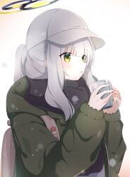 Rule 34 | 1girl, black scarf, blue archive, blush, cup, gradient background, green eyes, green halo, green jacket, grey hair, grey hat, halo, hare (blue archive), hare (camp) (blue archive), hat, highres, holding, holding cup, jacket, long hair, long sleeves, official alternate costume, parted lips, ponytail, preste, scarf, solo, upper body
