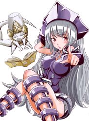 Rule 34 | 1girl, armor, artist request, bare legs, breasts, curvy, female focus, helmet, highres, iron maiden jeanne, large breasts, leotard, long hair, looking at viewer, red eyes, shaman king, shamash, silver hair, smile, spirit, very long hair