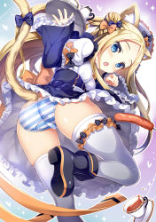 Rule 34 | 1girl, abigail williams (fate), alternate costume, animal ears, apron, ass, black bow, black dress, black footwear, blonde hair, blue eyes, blue panties, blush, boots, bow, breasts, cat ears, cat tail, cup, double bun, dress, enmaided, fate/grand order, fate (series), forehead, frills, fujima takuya, gradient background, hair bow, hair bun, heart, juliet sleeves, kettle, long hair, long sleeves, looking at viewer, looking back, maid, maid headdress, open mouth, orange bow, orange ribbon, panties, parted bangs, polka dot, polka dot bow, puffy sleeves, ribbon, small breasts, solo, striped clothes, striped panties, tail, teacup, thighhighs, thighs, tray, underwear, upskirt, white thighhighs, wide sleeves