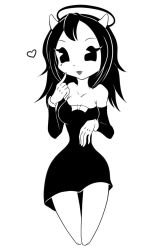 Rule 34 | 1girl, alice (bendy and the ink machine), bare shoulders, bendy and the ink machine, black hair, breasts, detached sleeves, dress, gloves, highres, horns, legs, lipstick, makeup, mole