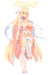 Rule 34 | 1girl, angel, angel wings, bare shoulders, blonde hair, blush, breast curtains, breasts, chain, cleavage, closed mouth, commentary request, dev (dev0614), feathered wings, feathers, full body, green eyes, halo, hand on own chest, head wings, highres, huge breasts, long hair, looking at viewer, nail polish, navel, no panties, o-ring, original, pelvic curtain, revealing clothes, solo, thighhighs, transparent background, white thighhighs, wings
