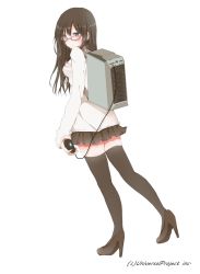Rule 34 | 1girl, backpack, bag, black hair, black thighhighs, cleavage cutout, clothing cutout, computer, from behind, glasses, grey eyes, high heels, hiro (hirohiro31), long hair, long sleeves, meme attire, mouse (computer), official art, open-chest sweater, original, personification, red-framed eyewear, shirt, simple background, skirt, solo, sweater, thighhighs, zettai ryouiki