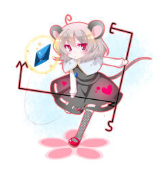 Rule 34 | 1girl, ahoge, animal ears, bad id, bad pixiv id, black socks, blush, chibi, dowsing rod, female focus, frown, glyph, grey hair, highres, jewelry, mary janes, mouse ears, mouse tail, nazrin, necklace, polka dot, polka dot legwear, pout, red eyes, shino (mijinko), shoes, short hair, socks, solo, tail, touhou, weather vane