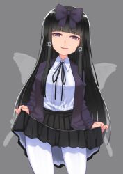Rule 34 | 1girl, black hair, black neckwear, black ribbon, black skirt, blouse, blunt bangs, blush, bow, buttons, clothes lift, coat, collared shirt, commentary request, cookie (touhou), cowboy shot, fairy wings, frilled skirt, frills, grey background, hair bow, hair ornament, highres, lifted by self, long hair, long sleeves, looking at viewer, open mouth, pantyhose, purple bow, purple coat, purple eyes, ribbon, s ibane, shirt, shunga youkyu, simple background, skirt, skirt lift, solo, star (symbol), star hair ornament, star sapphire, touhou, white pantyhose, white shirt, wings