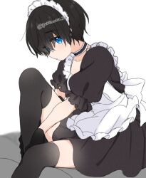 Rule 34 | apron, black gloves, black hair, black thighhighs, blue eyes, gloves, highres, looking at viewer, maid, maid apron, maid headdress, original, puffy short sleeves, puffy sleeves, rinlaby, short hair, short sleeves, thighhighs, tomboy, white background